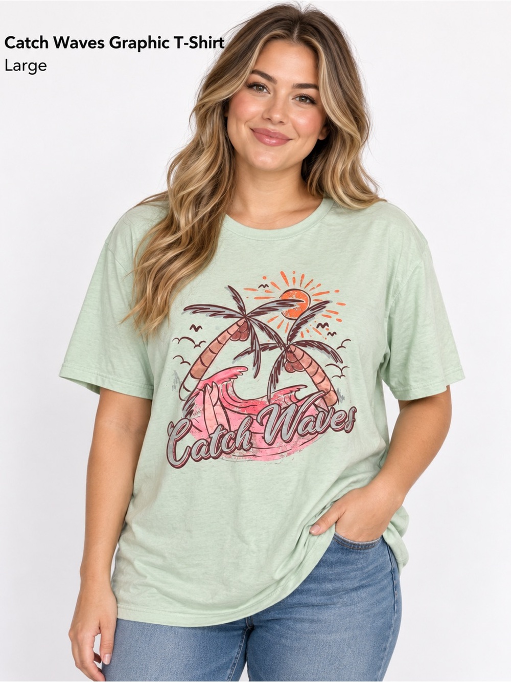 Catch Waves Graphic Tee - Mint Green LARGE pit to pit 19”